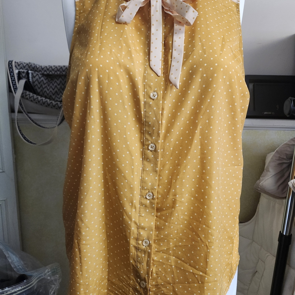 ModCloth Mustard Yellow Polka Dot Tie-Neck Sleeveless Blouse